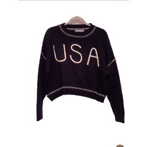 Anthropologie Moon & Madison Blue Oversized Cropped USA Knit Sweater Sz XS